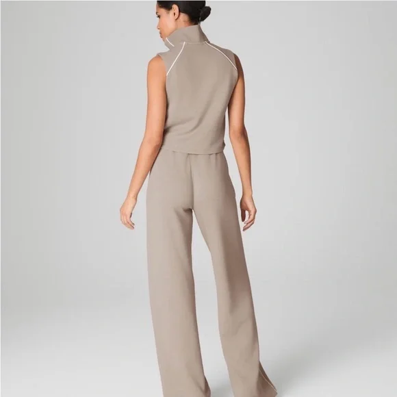 SPANX AirEssentials Sleeveless Wide-Leg Jumpsuit in Taupe with White Piping - Picture 3 of 9